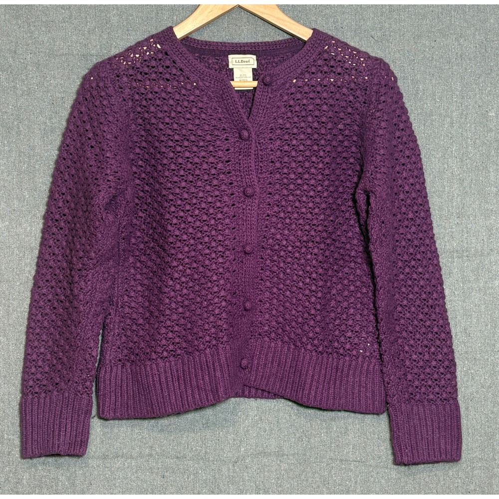 LL Bean Purple Wool Angora Blend Pointelle Knit Cardigan Sweater Womens Medium
